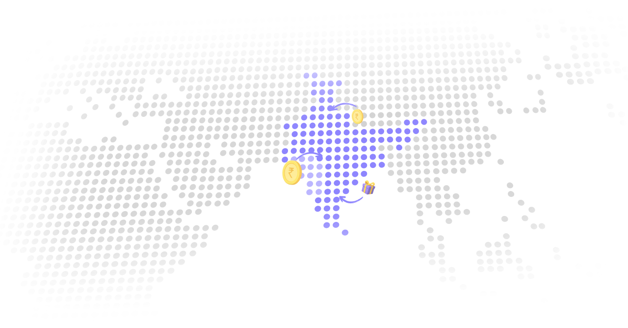 Dotted map of India with gift and coin icons